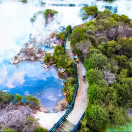 Aerial view of boardwalk through geothermal pools at Whakarewarewa Māori Village, Rotorua