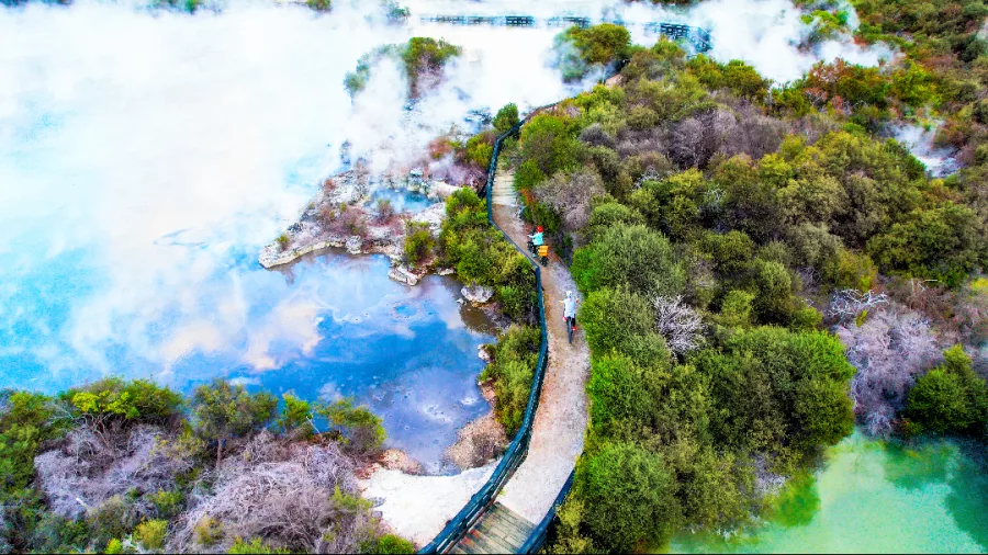 Aerial view of boardwalk through geothermal pools at Whakarewarewa Māori Village, Rotorua