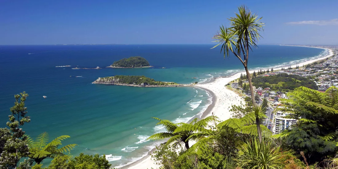 Aerial view of Mount Maunganui Main Beach and Motuotau Island in Tauranga, Bay of Plenty, New Zealand