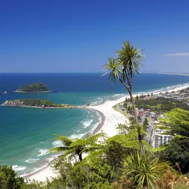 Aerial view of Mount Maunganui Main Beach and Motuotau Island in Tauranga, Bay of Plenty, New Zealand