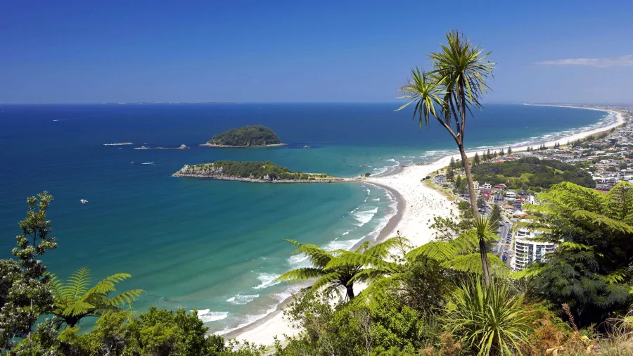 Aerial view of Mount Maunganui Main Beach and Motuotau Island in Tauranga, Bay of Plenty, New Zealand