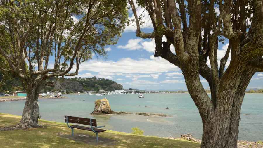 View of Whakatane Heads where the river meets the sea in the Bay of Plenty, New Zealand