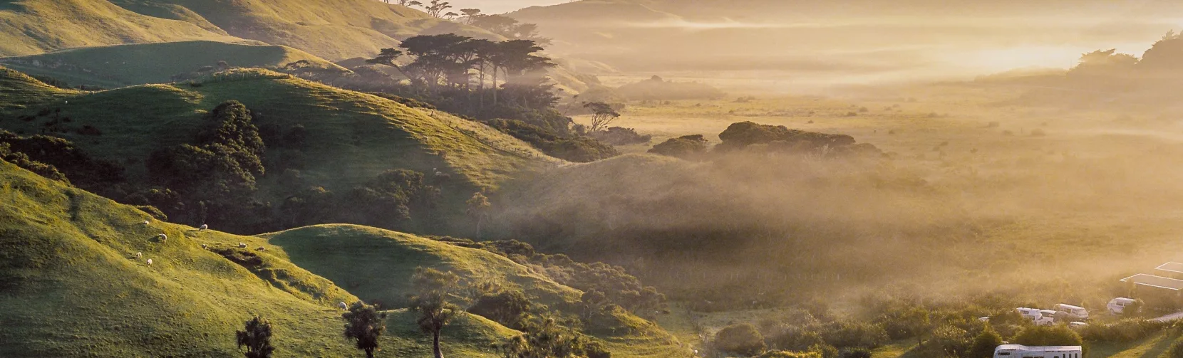 Motorhome camping among rolling green hills at sunrise in Paengaroa, Bay of Plenty, New Zealand