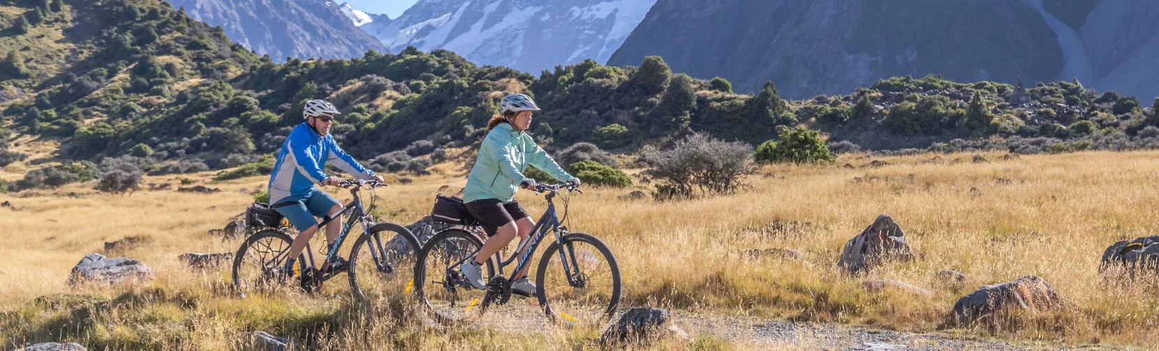 Cyclists on the Alps 2 Ocean Cycle Trail near Aoraki Mount Cook