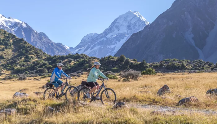 Cyclists on the Alps 2 Ocean Cycle Trail near Aoraki Mount Cook