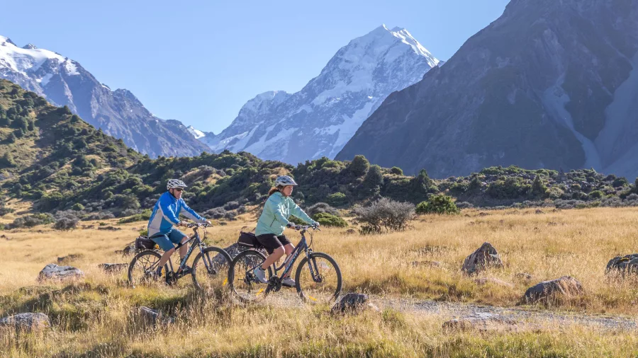 Cyclists on the Alps 2 Ocean Cycle Trail near Aoraki Mount Cook