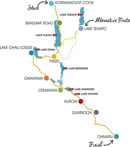 Illustrated route map of the Alps 2 Ocean Cycle Trail from Aoraki/Mount Cook to Oamaru.