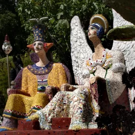 Mosaic sculpture of king and angel at The Giants House in Akaroa, New Zealand