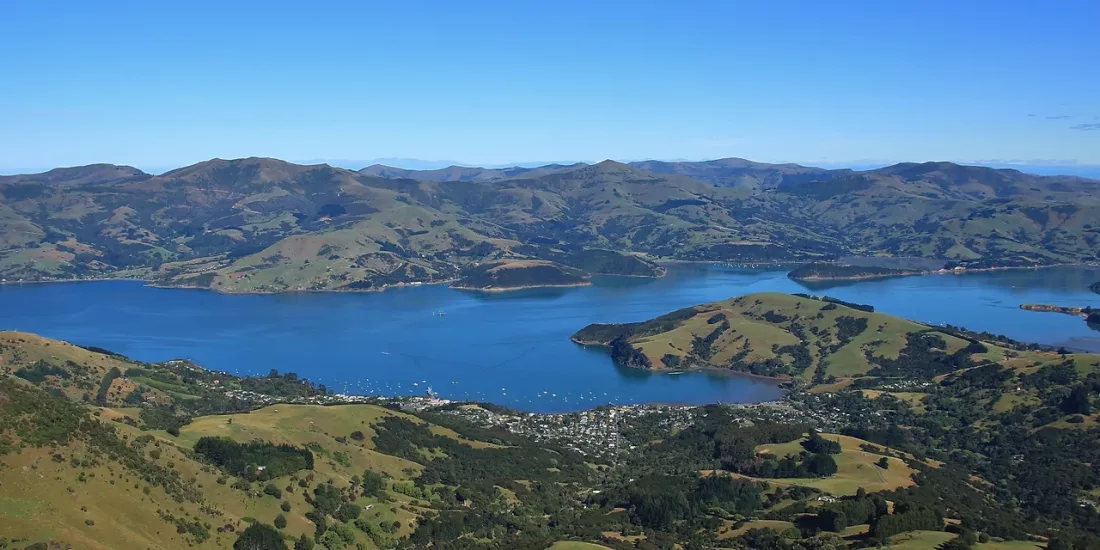 Aerial view of Akaroa Harbour and Banks Peninsula, Canterbury, New Zealand