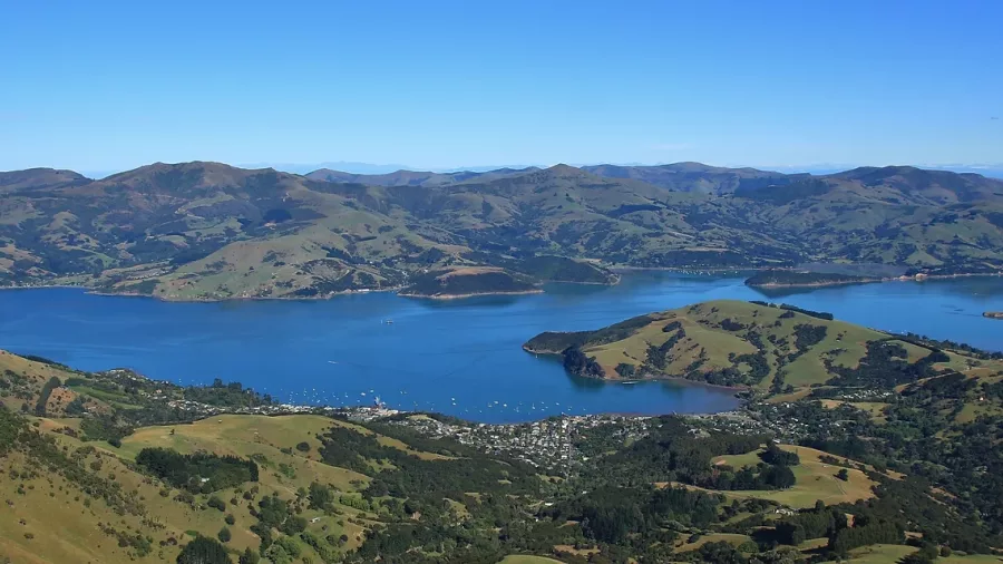 Aerial view of Akaroa Harbour and Banks Peninsula, Canterbury, New Zealand