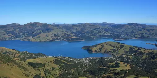 Aerial view of Akaroa Harbour and Banks Peninsula, Canterbury, New Zealand