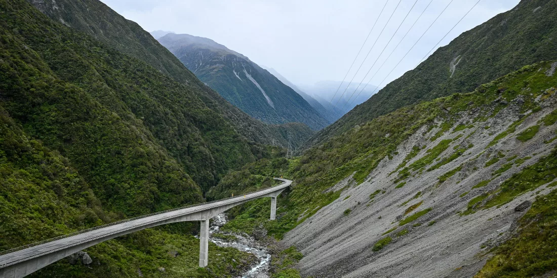 Otira Viaduct stretching through steep alpine terrain in Arthur’s Pass National Park on the South Island