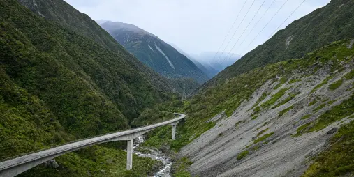 Otira Viaduct stretching through steep alpine terrain in Arthur’s Pass National Park on the South Island