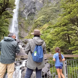 Visitors at Devils Punchbowl Waterfall lookout in Arthur’s Pass National Park