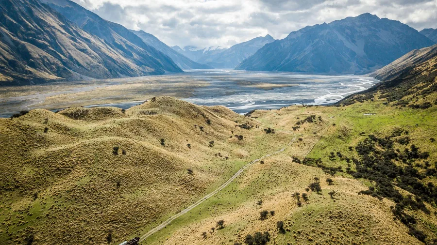 Aerial view of Erewhon Station in Canterbury’s high country, New Zealand
