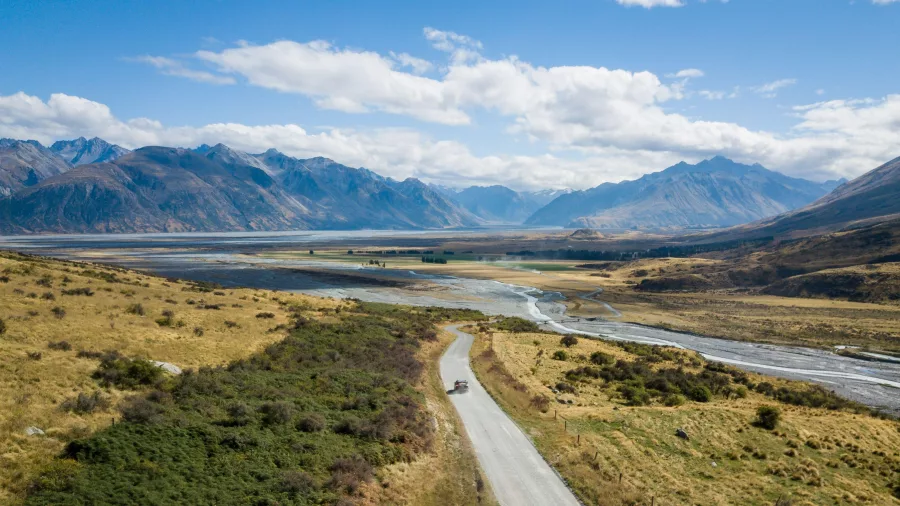 Scenic road to Mt Sunday in Lord of the Rings country, Ashburton Lakes, Mid Canterbury, New Zealand