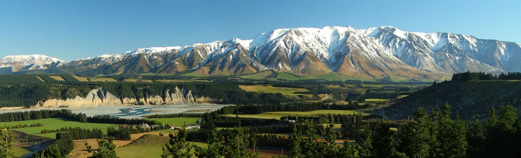 Panoramic view of the Mt Hutt Range and Rakaia River in Canterbury