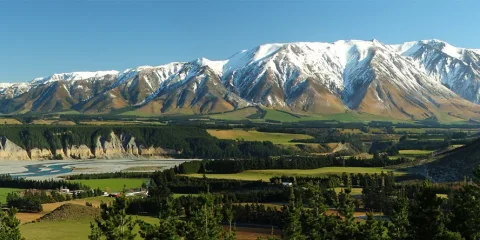 Panoramic view of the Mt Hutt Range and Rakaia River in Canterbury