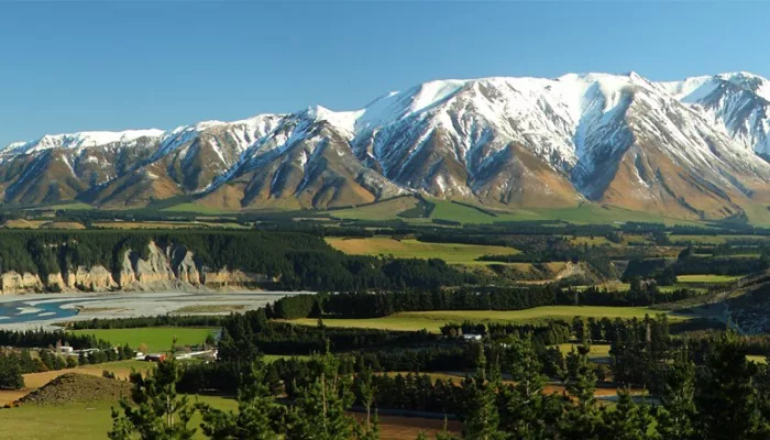 Panoramic view of the Mt Hutt Range and Rakaia River in Canterbury
