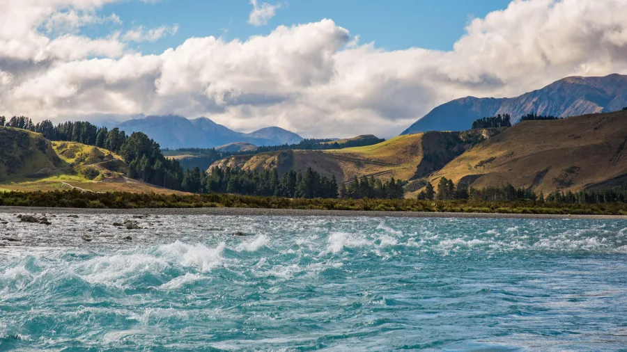 Braided Rakaia River flowing through the Canterbury high country