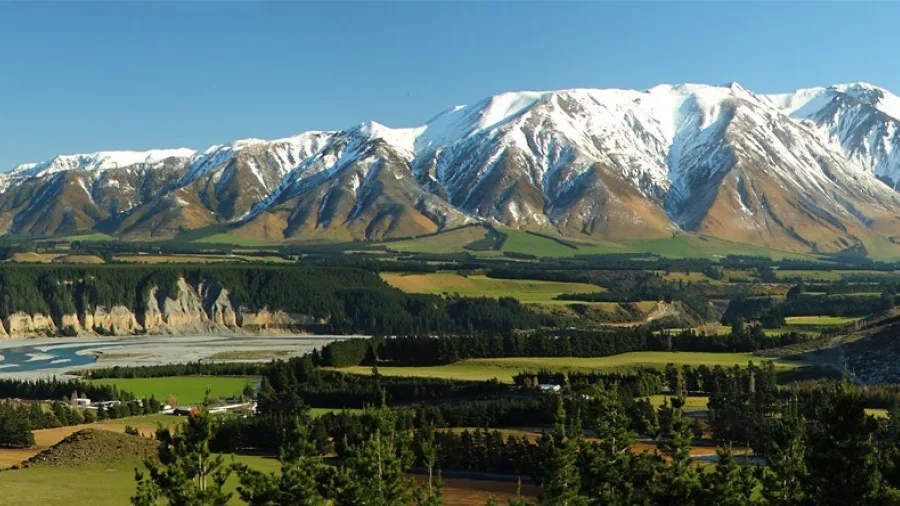 Panoramic view of the Mt Hutt Range and Rakaia River in Canterbury