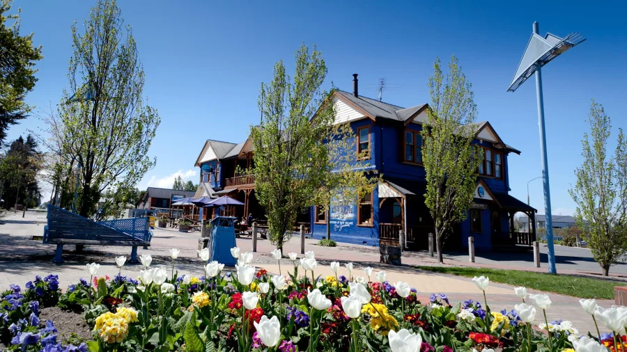 Methven town centre in spring with blooming flowers and clear skies