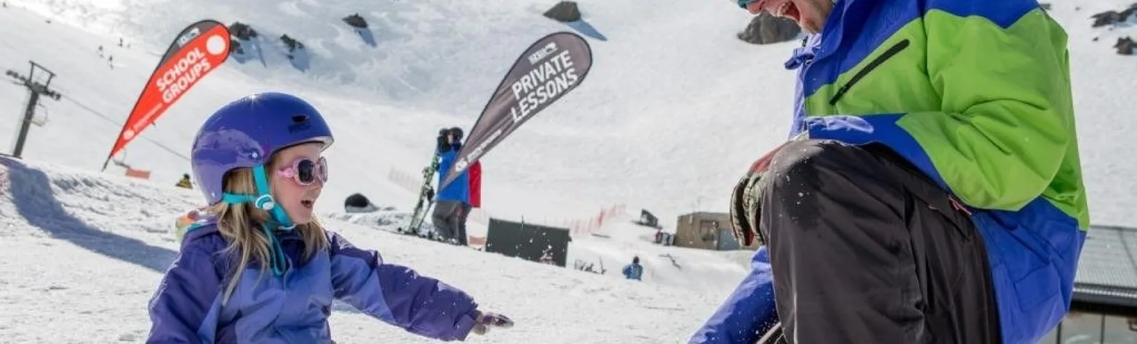Child learning to snowboard at Mt Hutt ski field