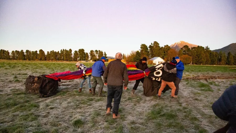 Crew getting the hot air balloon out for a scenic flight in Methven Canterbury