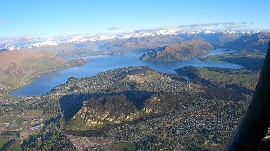 Aerial view of Wanaka town and Lake Wanaka from hot air balloon