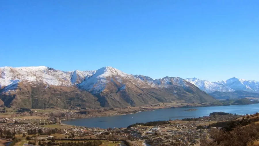 Aerial view of Lake Wanaka and Southern Alps from hot air balloon