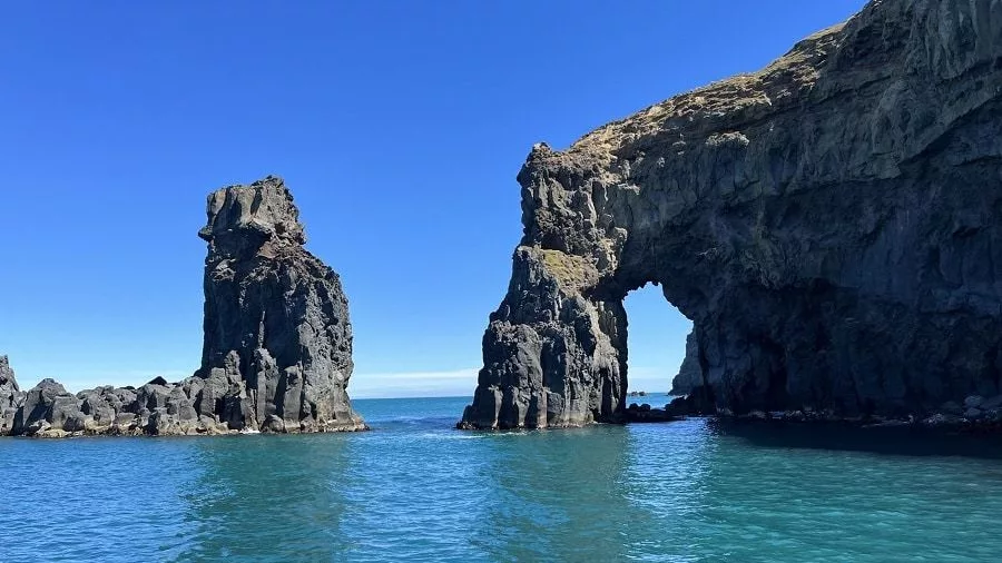 Volcanic sea stacks and arch formations known as Elephant Rocks