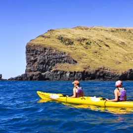 Two kayakers beside a large grassy headland on calm blue water at Pohatu Marine Reserve