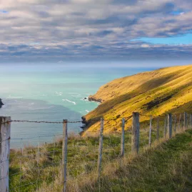 Banks Peninsula coastal landscape at Pohatu (Flea Bay), New Zealand