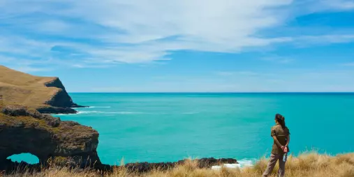 Visitor admiring dramatic coastal cliffs and turquoise waters of Banks Peninsula
