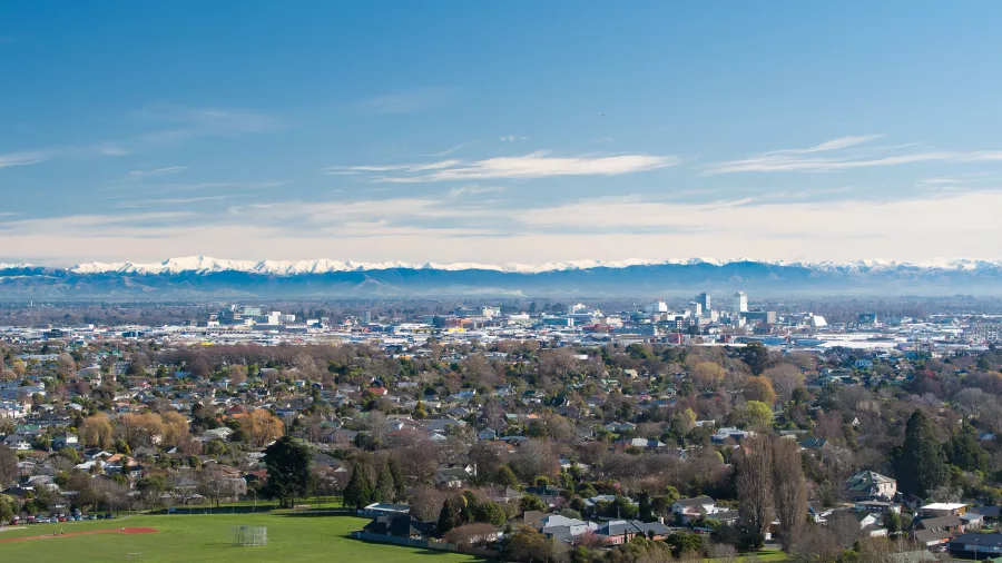 Christchurch cityscape with Southern Alps in the background