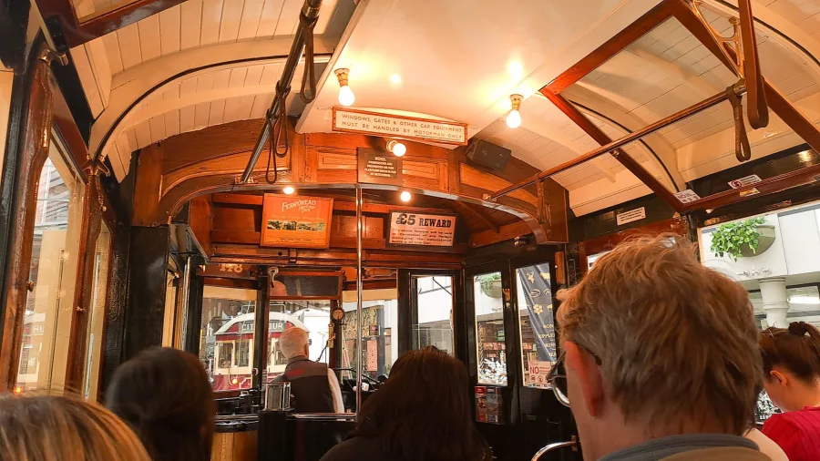Interior view of Christchurch heritage tram with passengers