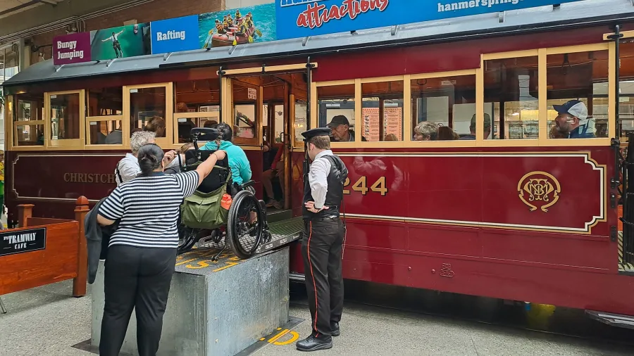 Wheelchair boarding the Christchurch heritage tram