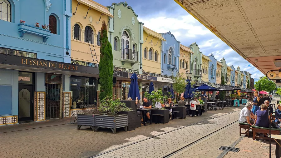 Colourful heritage buildings and outdoor dining on New Regent Street, Christchurch