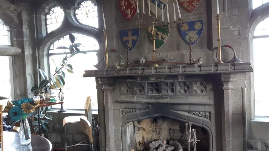 Ornate fireplace and medieval décor inside Sign of the Takahe rest house