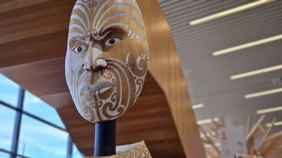 Tāwhaki sculpture inside Tūranga Library representing Māori mythology