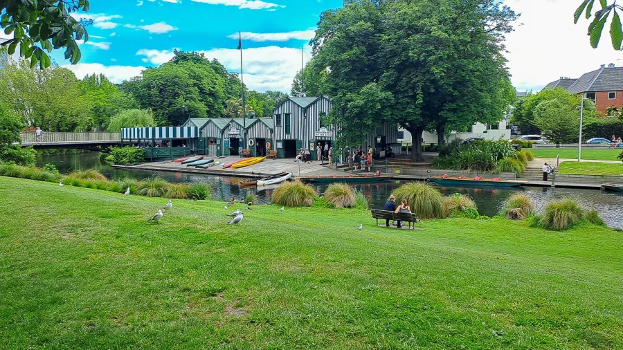 Antigua Boat Sheds and Avon River punts in Christchurch, New Zealand