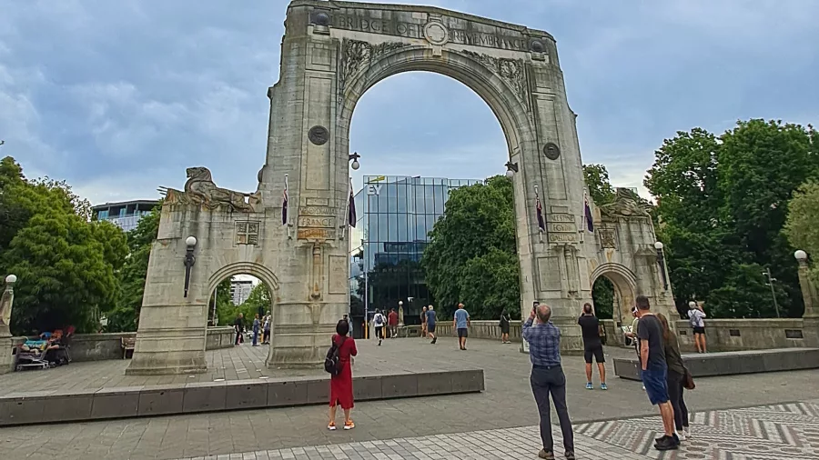 Bridge of Remembrance war memorial in Christchurch over Avon River
