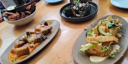 Close-up of artisan food served on Christchurch foodie walk