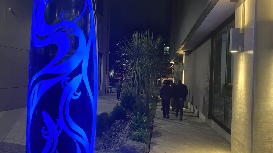 Te Wera Gardens illuminated at night with glowing blue Māori sculpture in Christchurch