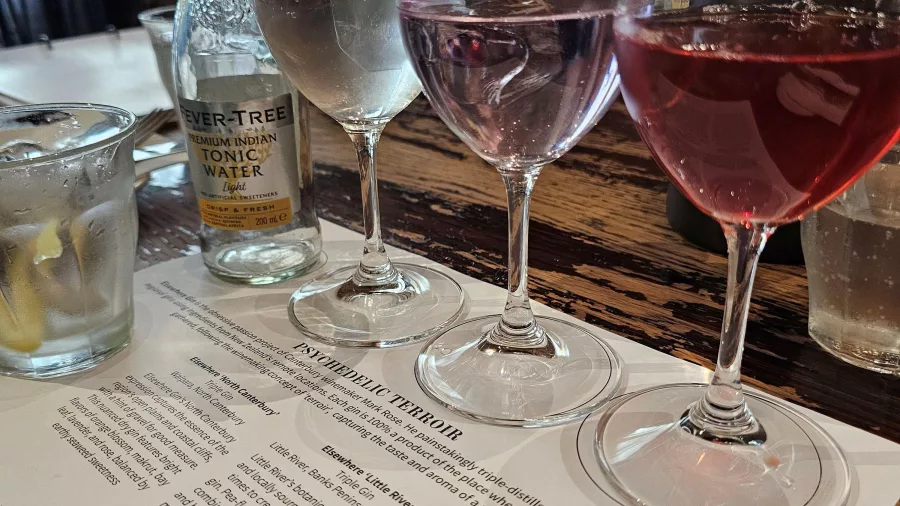 Wine tasting flight at Cellar Door wine bar on Luxe Kai Safari in Christchurch