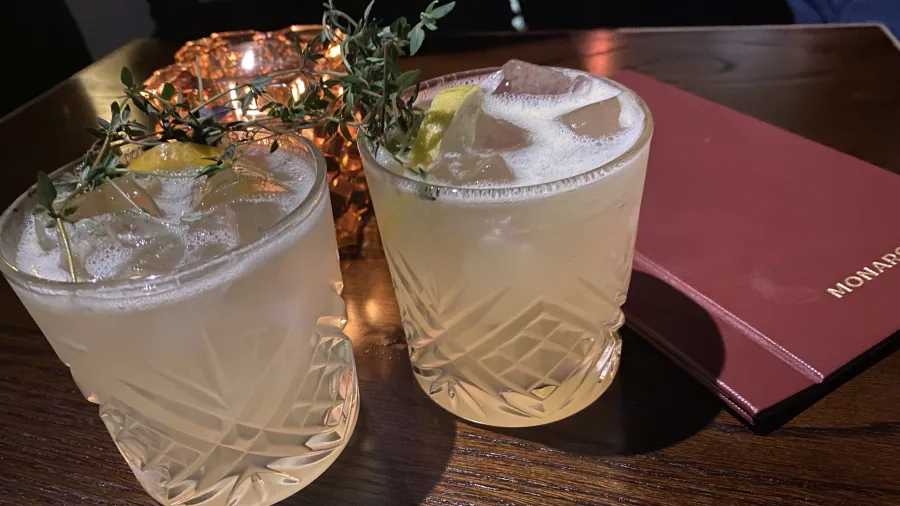 Two cocktails with lemon and herbs served at Monarch Bar in Christchurch during an evening tour