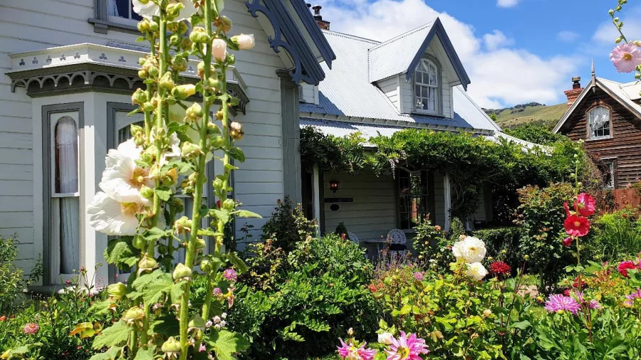 Blooming garden outside a French-style villa in Akaroa under a bright blue summer sky