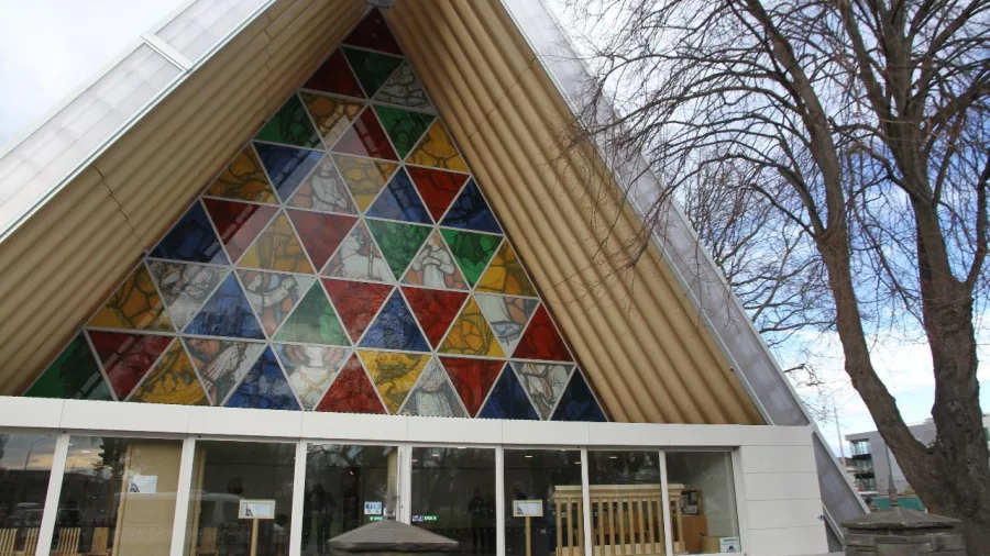 Colourful stained glass facade of the Cardboard Cathedral in Christchurch