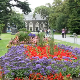 Flower beds in full bloom at Christchurch Botanic Gardens, with the historic Canterbury Museum building in the background.