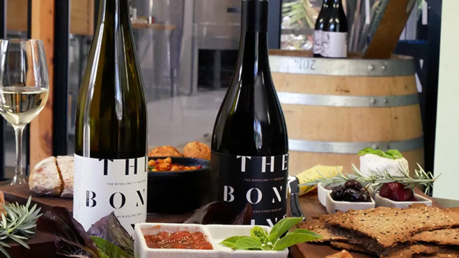 Wine and sharing platter at The Bone Line winery in Waipara Valley.